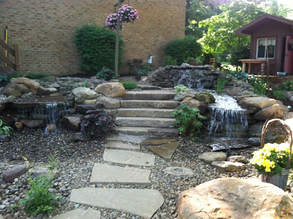 Walkway Steps Between Double Waterfall